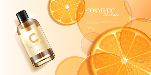Cosmetics vitamin C or skin care product ads with bottle, realistic package mockup. banner ad for beauty products and orange background. vector design.