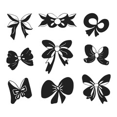 Set of hand drawn silhouette of bows and ribbons. Bows and ribbons icons in solid style. Isolated on white background
