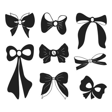 Set of hand drawn silhouette of bows and ribbons. Bows and ribbons icons in solid style. Isolated on white background