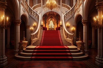 Fototapeta na wymiar Royal palace hallway. Ai. With stairs at night