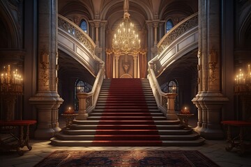 Fototapeta na wymiar Royal palace hallway. Ai. With stairs at night