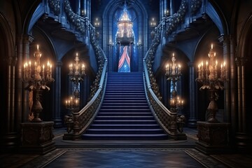 Obraz premium Royal palace hallway. Ai. With stairs at night