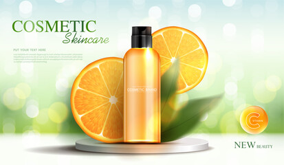 Cosmetics vitamin C or skin care product ads with bottle, realistic package mockup. banner ad for beauty products and orange background. vector design.