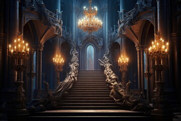 Royal palace hallway. Ai. With stairs at night