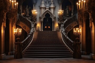 Royal palace hallway. Ai. With stairs at night