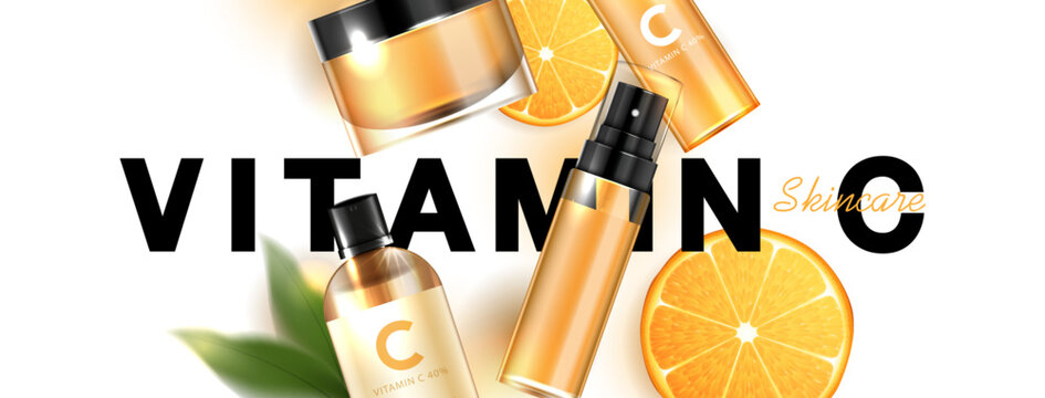 Cosmetics vitamin C or skin care product ads with bottle, realistic package mockup. banner ad for beauty products and orange background. vector design.