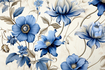 vintage blue abstract flowers, illustration, AI generation.