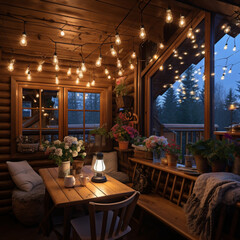wooden cottage decorated with electric lights. illustration, AI generation.