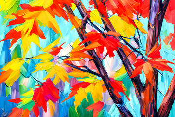 Fototapeta na wymiar Colorful abstract illustration of autumn maple leaves on branches. Generative AI