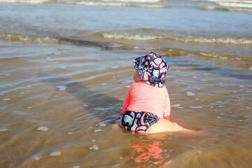 Praia, bebê, rosa, piscina, areia, chapéu, criança, garota, criancinha
