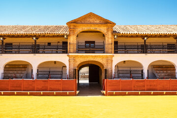Main entrance to the bullring of Almaden, Spain, a world heritage site.