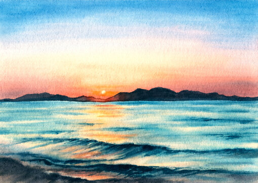  Watercolor colorful seascape illustration Hand drawn background sunset on the sea