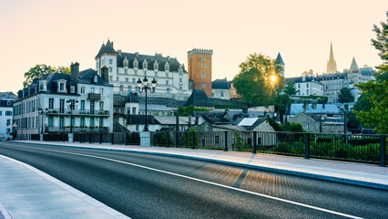 Fototapeta na wymiar Panoramic and historic complex with castle and medieval buildings in the town of Pau, France.