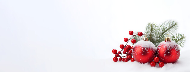 Christmas Fir Branches and Baubles on Snowy White Background - AI-Generated
