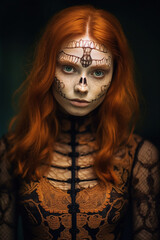 25-Year-Old Woman in Halloween Costume, Detailed Bust Shot in the Warm Light of Late Afternoon - Made with Generative AI