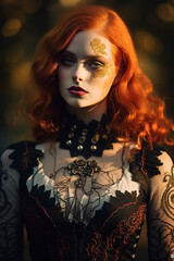 Close-Up Portrait of a Young Redhead Woman Dressed for Halloween, Illuminated by the Setting Sun - Made with Generative A