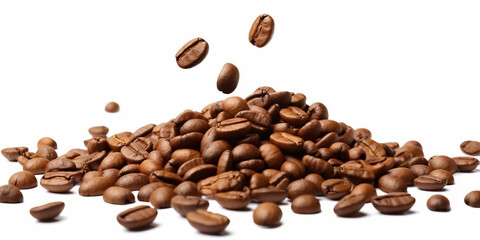 Naklejka premium A bunch of coffee beans and falling coffee beans on a white background