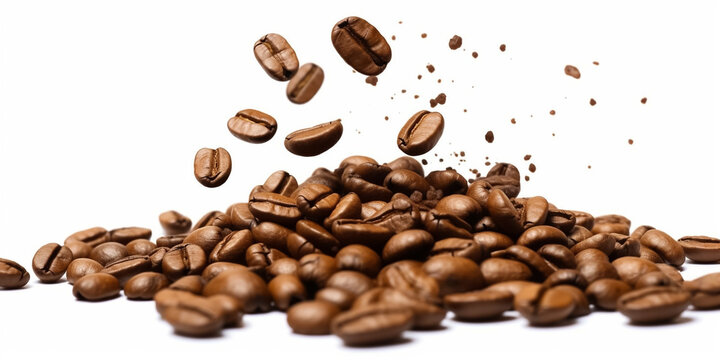 A bunch of coffee beans and falling coffee beans on a white background