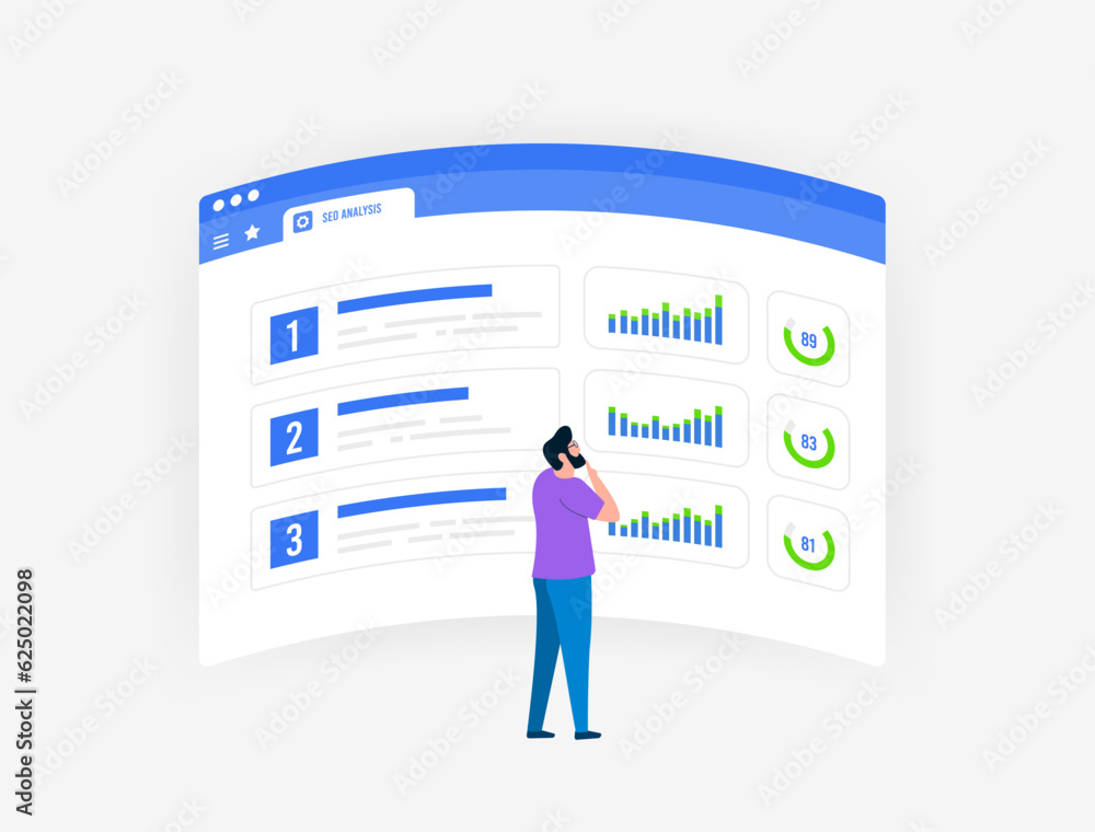 Poster seo competitor analysis concept. parsing and analysis of competitors in search results by number of 