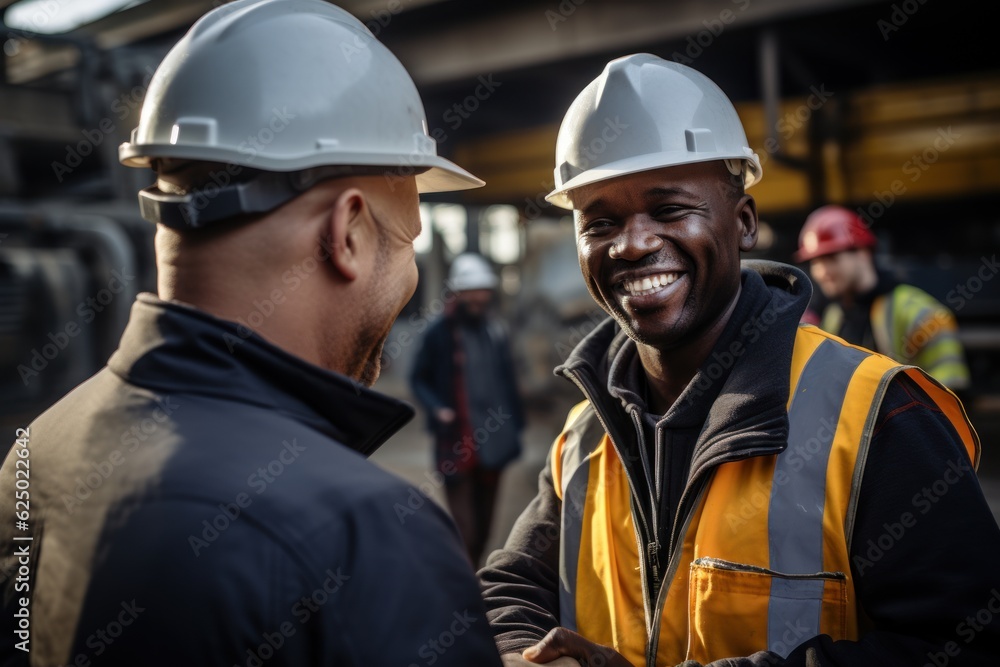 Aufkleber smiling engineer holding hands at the construction site with happy architect handshake between the a