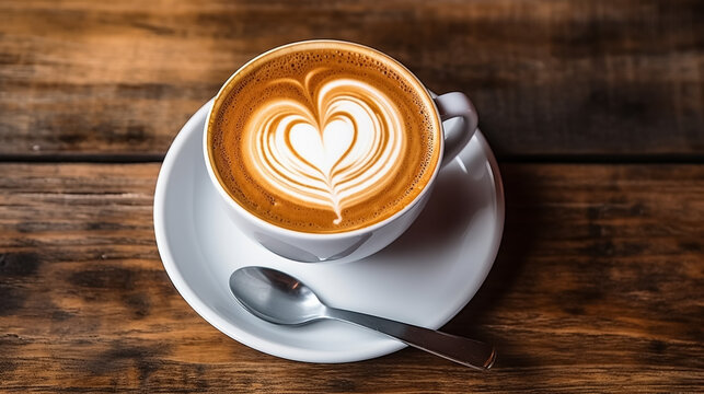 latte art coffee in white cup on wood table with coffee beans around