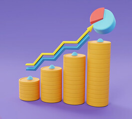 Coin with Pie chart. Business growth chart, statistics, and analysis