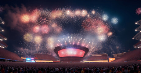 view inside stadium music concert with Fans on stadium, fireworks, people celebration, generative ai