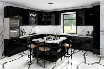 Modern kitchen interior. Black and wooden kitchen set on marble floor, side view, wooden cutting table with spaces for bottles. Kitchen room set with cutting table and bar chairs, 3D rendering.
