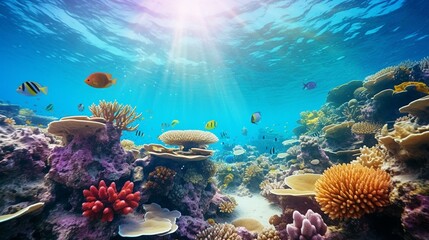 Fototapeta na wymiar Underwater panoramic view of coral reef with fishes. Seascape.