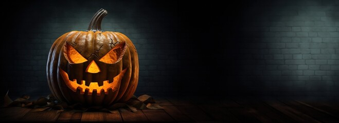 Halloween pumpkin head jack-o-lantern on dark background. Generative AI
