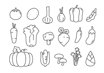 Cute doodle vegetable cartoon icons and objects. Vegetable line icon set—black and white illustration.