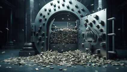 Money pouring out of a bank vault - Wealth and abundance concept, Generative AI - obrazy, fototapety, plakaty