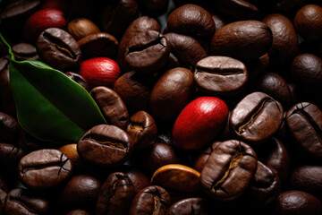 A mix of red and black coffee beans