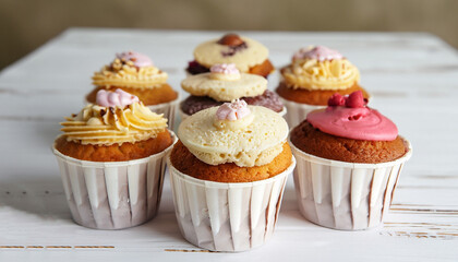 Tasty cupcakes on a white wooden table