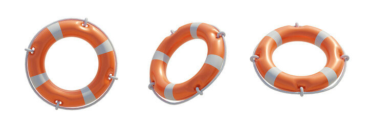 Lifebuoys set isolated on transparent background, PNG. Orange color life buoy rings, banner