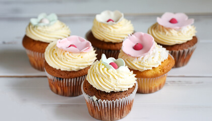 Tasty cupcakes on a white wooden table