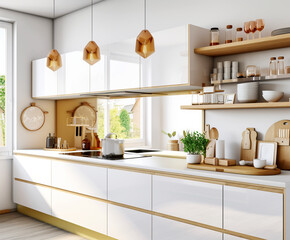 Fototapeta na wymiar Stylish kitchen in white and brown wood. Style minimalism. AI Generated