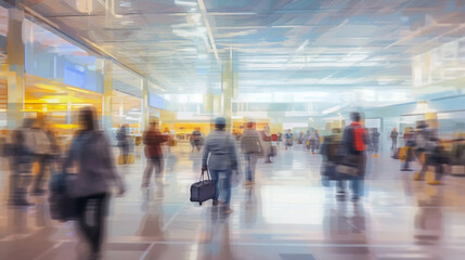 Blurred background of travelers or tourists walking in international terminal at the airport in a rushing hour. Generative AI.