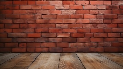 red brick wall with wooden floor for banner or product background with copyspace