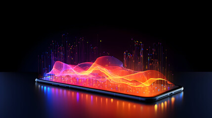 Glowing neon wave and line in 3d on smartphone. Futuristic technology and innovation background. Generative AI.