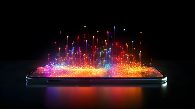 Glowing neon wave and line in 3d on smartphone. Futuristic technology and innovation background. Generative AI.