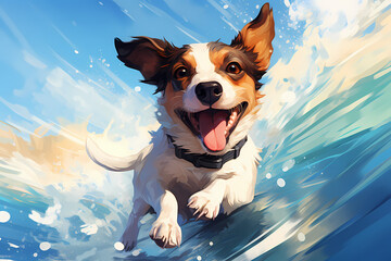 jack russell dog surfing on a sunny summer day anime styel