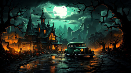 Halloween scene haunted mansion and hot rod under full moon - Generative AI - obrazy, fototapety, plakaty