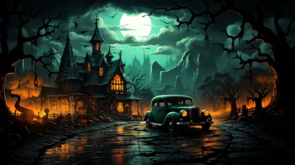 Fotobehang Auto cartoon Halloween scene haunted mansion and hot rod under full moon - Generative AI