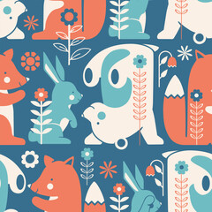 Lagom aesthetic. Folk hygge square print. Scandinavia modern seamless pattern with cute funny fox, here, bear cubs. Stylized tile background for home decor, nursery bedroom decor, adorable fabric.