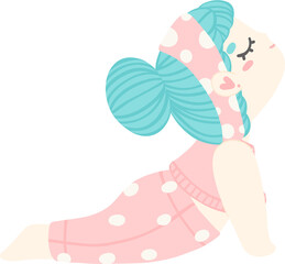 Cute cartoon girl in cobra pose. Pastel-colored illustration of yoga girl for yoga lovers and self-care enthusiasts.
