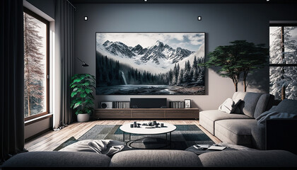 ai generated illustration Elegant living room with big tv screen.