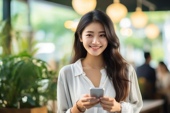 Beautiful Young Asian Business Entrepreneur Wearing Casual Mobile Phone for Online Shopping Enjoying Social Media and Laptop at Home Starting a Small Business Online Banking