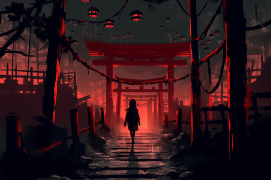 illustration background, a female ninja walking on the temple gate