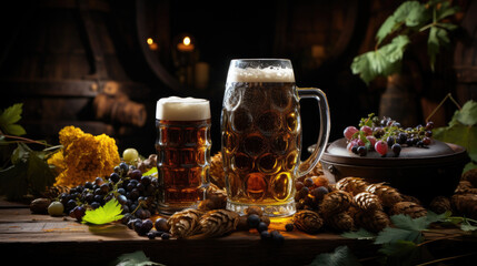 Beer Mug With Wheat And Hops In Cellar With Barrel